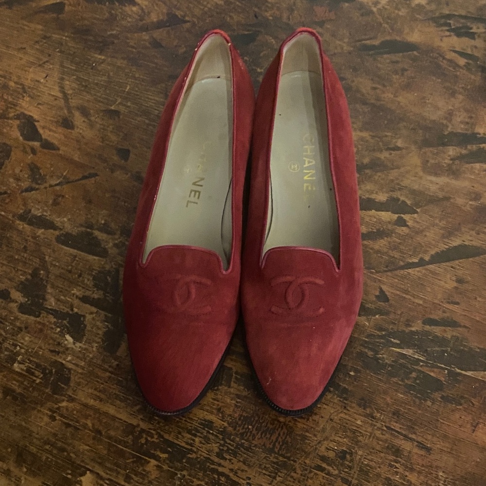 CHANEL Red Suede Flats